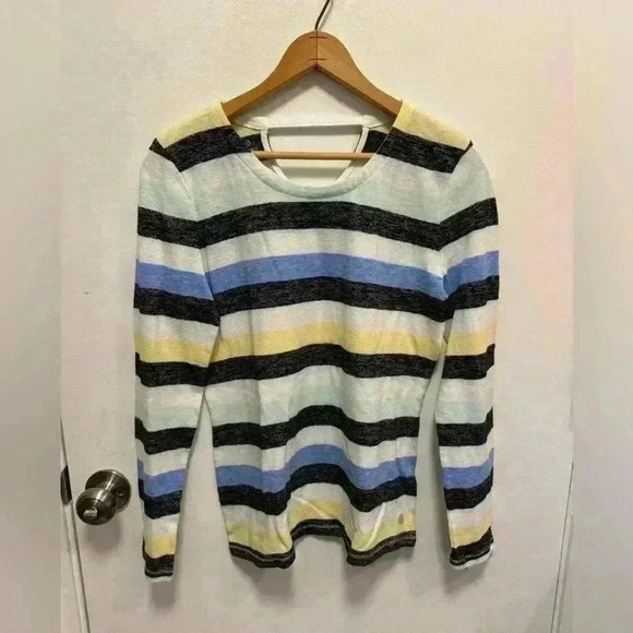 T by Talbots women’s small striped long sleeve shirt yellow white blue black - Picture 1 of 11